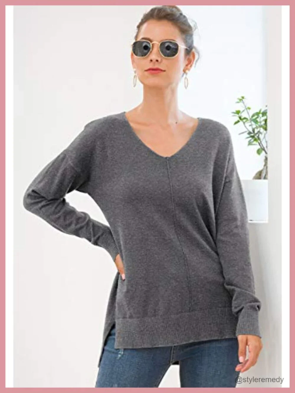 Viscose Blend V-Neck Batwing Sleeve Lightweight Knit Pullover Sweater